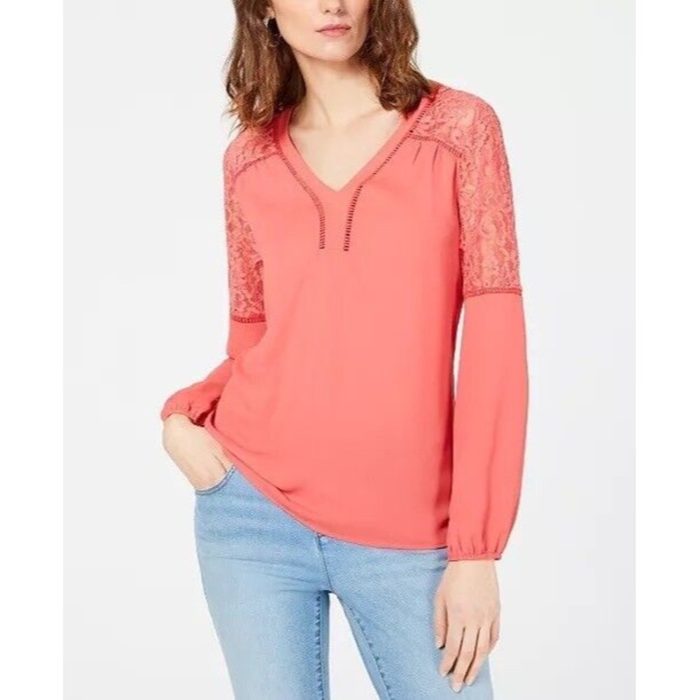 INC International Womens Blouson Pink Floral  Lace Woven V Neck Top M